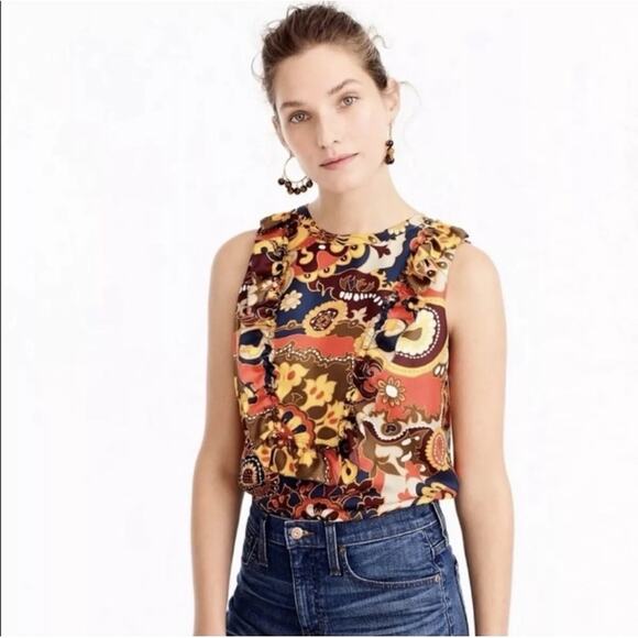 J. Crew Darwin 100% Silk Twill Sleeveless Top Retro 70s Floral Maximalist Sz 6 - Picture 1 of 12